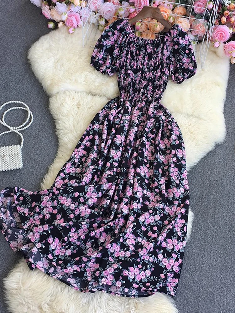 Wakacje na plaży Sukienka z kwiatowym nadrukiem Damska bufiaste rękawy Kwadratowy kołnierzyk Sukienki z wysokim stanem Koreańska moda Długa sukienka na imprezę