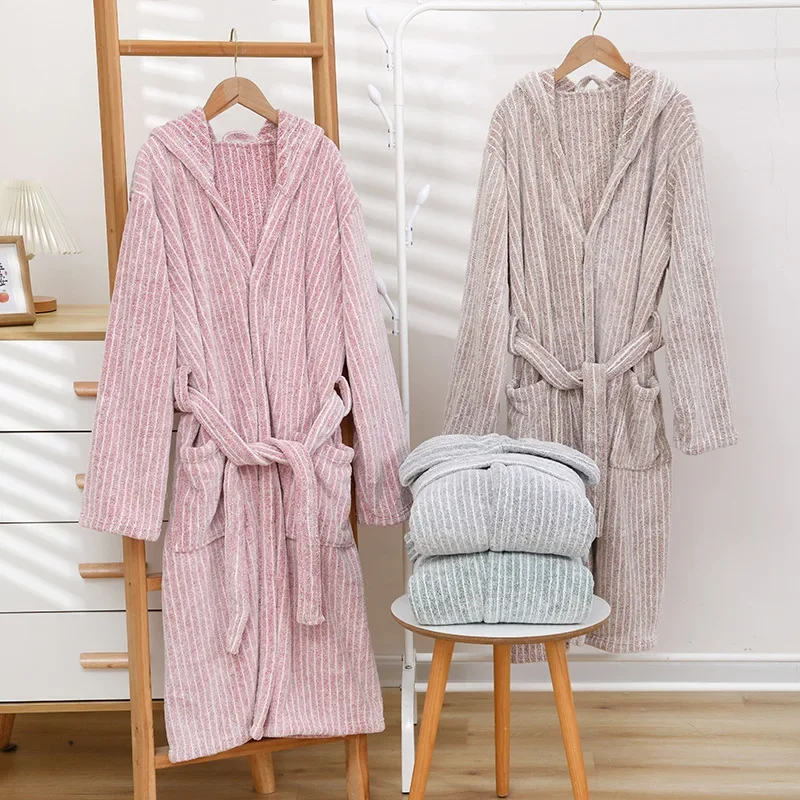 1pcs Unisex Autumn stripe Bathrobe Hooded Kimono Bath Robe Night Cozy Sleepwear Women Dressing Gown Home Clothes