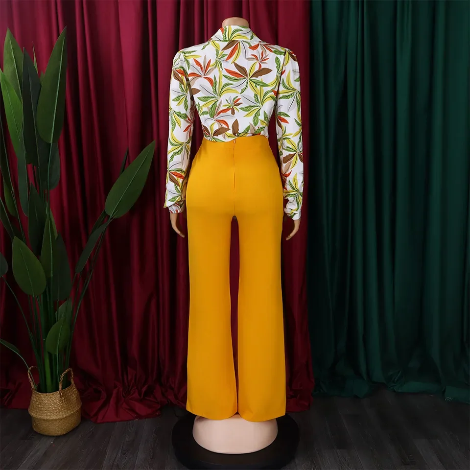 Fashion Spring Summer Short Shirt Full Length Pants Set Women Slim Long Pants Print Outfits Casual Wide Leg Pants 2 Piece Suit