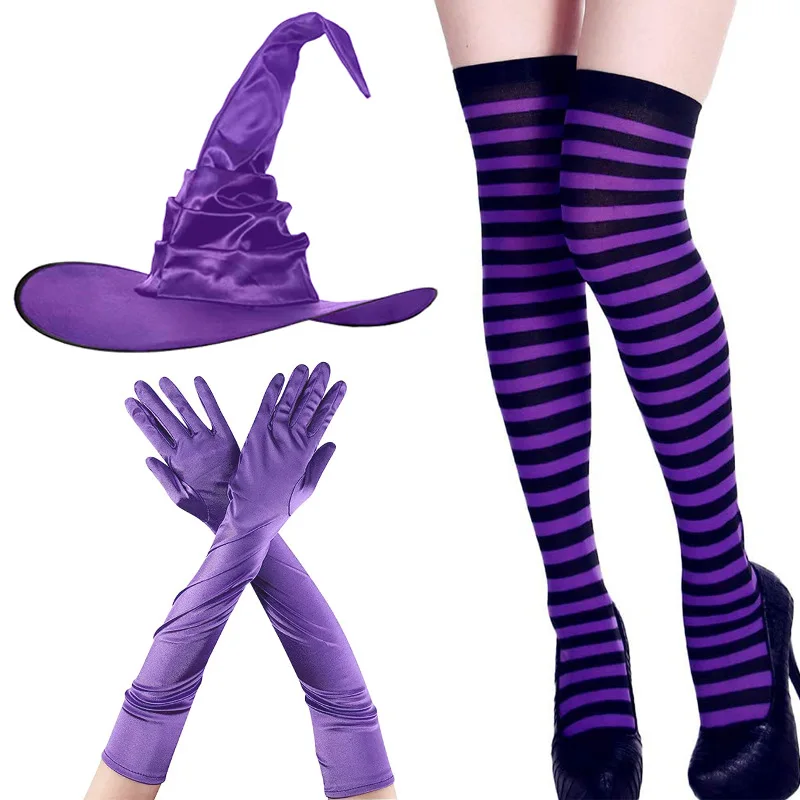 Halloween Party Witch Hat Cosplay Costume Black Folds Wizard Hat Striped Socks Long Gloves Set Headgear Decor Props for Adult