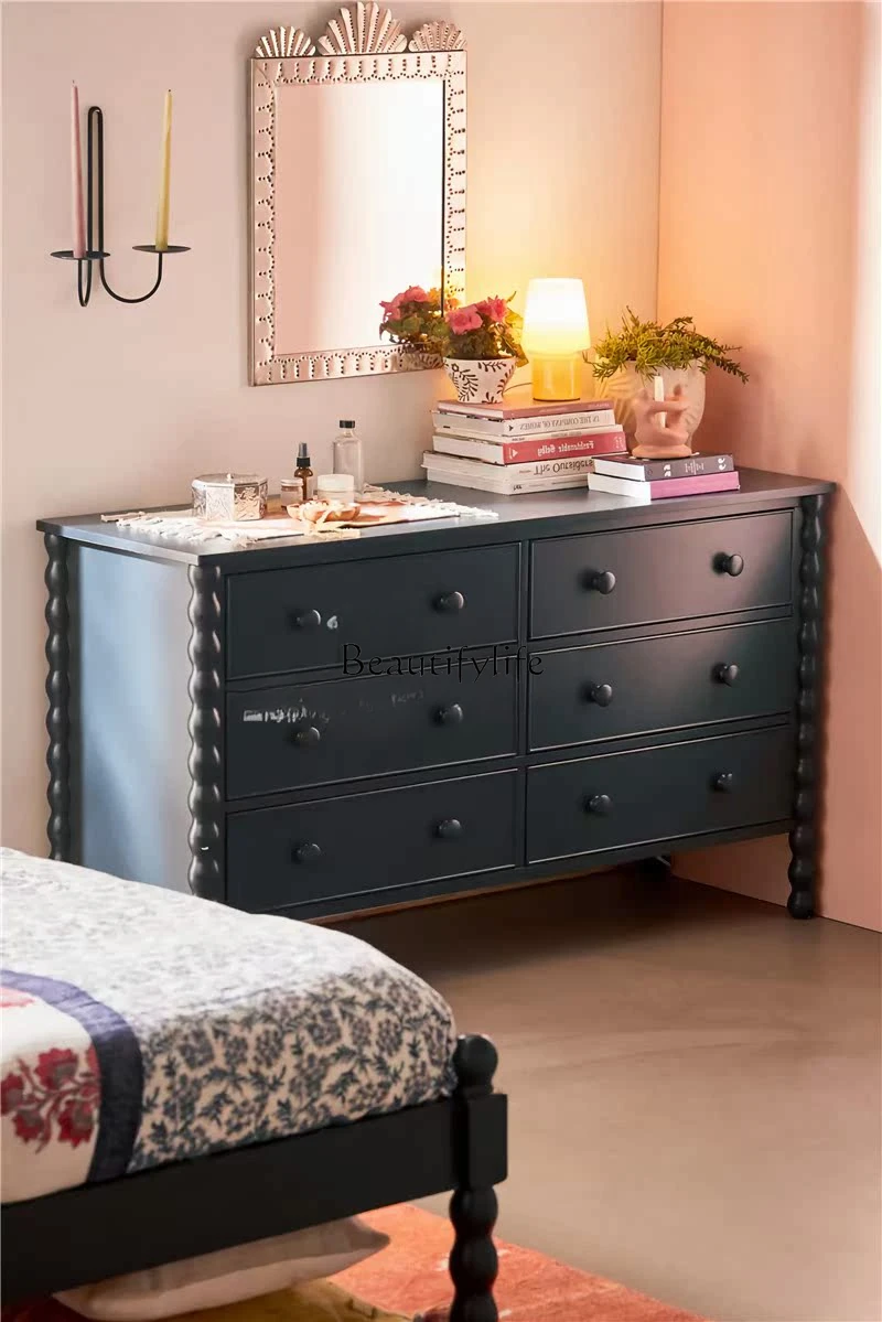 

yj5French six-chest cabinet retro black storage wabi sandy wind log carving household drawer storage cabinet