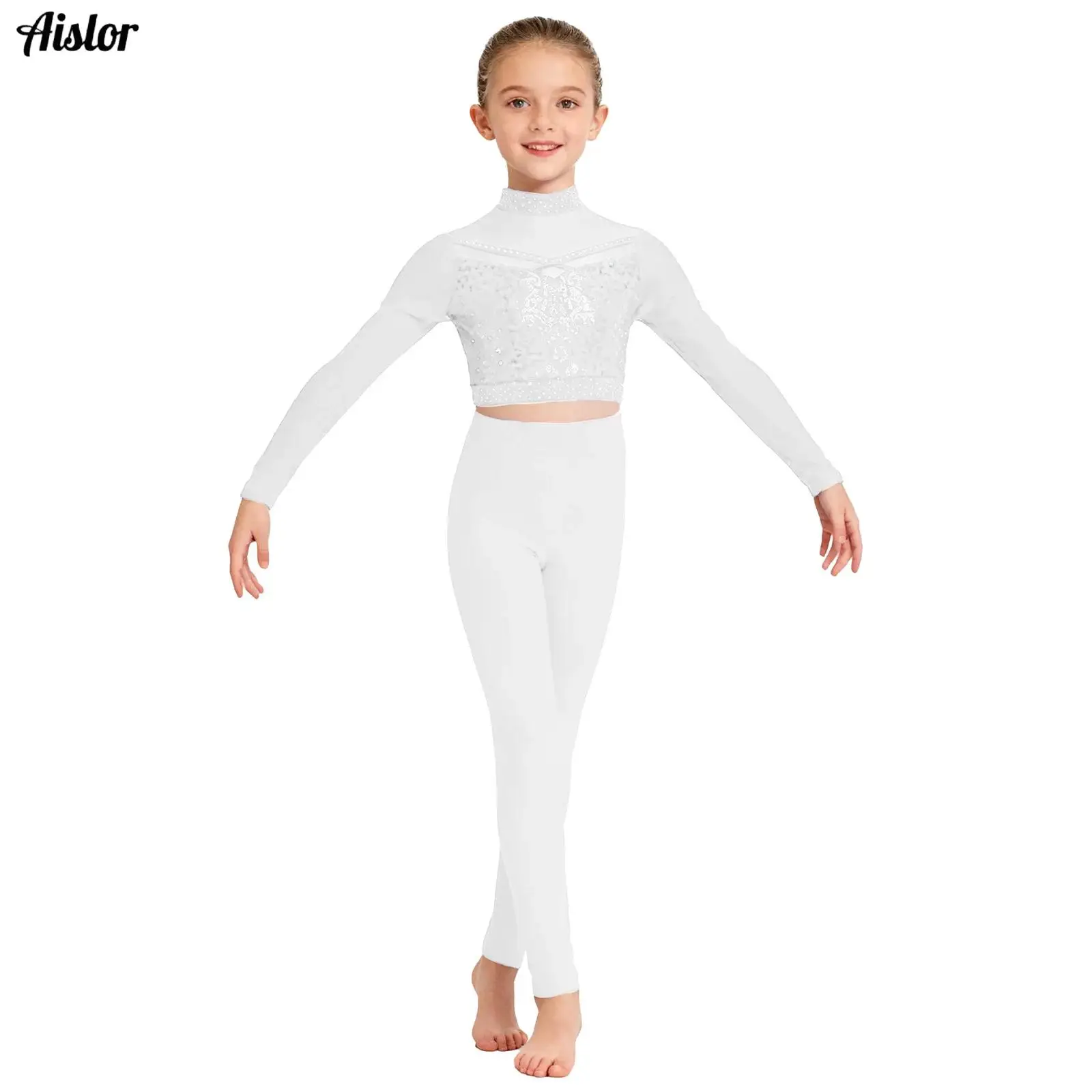 

Girls Ballet Dance Outfit Mock Neck Long Sleeve Sequins Crop Top with Leggings Dancewear Set for Figure Skating Gymnastics