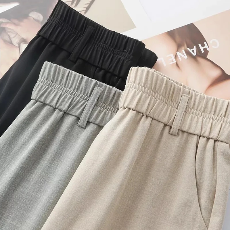 

Summer Thin Cotton Linen Casual Pants Women Korean High Waist Drapey Loose Wide Leg Pants Elegant Office Lady Straight Trousers