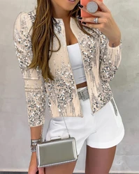 Elegant New Fashion 2024 Autumn Winter Spring Casual Long Sleeve O-Neck All Over Sequin Coat Women's Clothing Sales