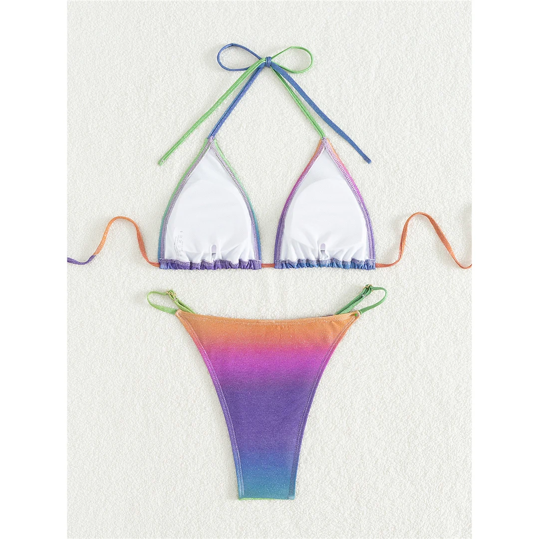 XS - L Bunter, glänzender Bikini mit hohem Beinausschnitt, Damen-Badebekleidung, zweiteiliger Bikini-Set, Badeanzug, Badebekleidung, Schwimmbekleidung V5393 – Detail 12