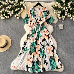 YuooMuoo Brand Fashion Printed Maxi Dress 2025 Summer Elegant A-line Split Long Chiffon Vestidos Lady Vacation Beach Robes Femme