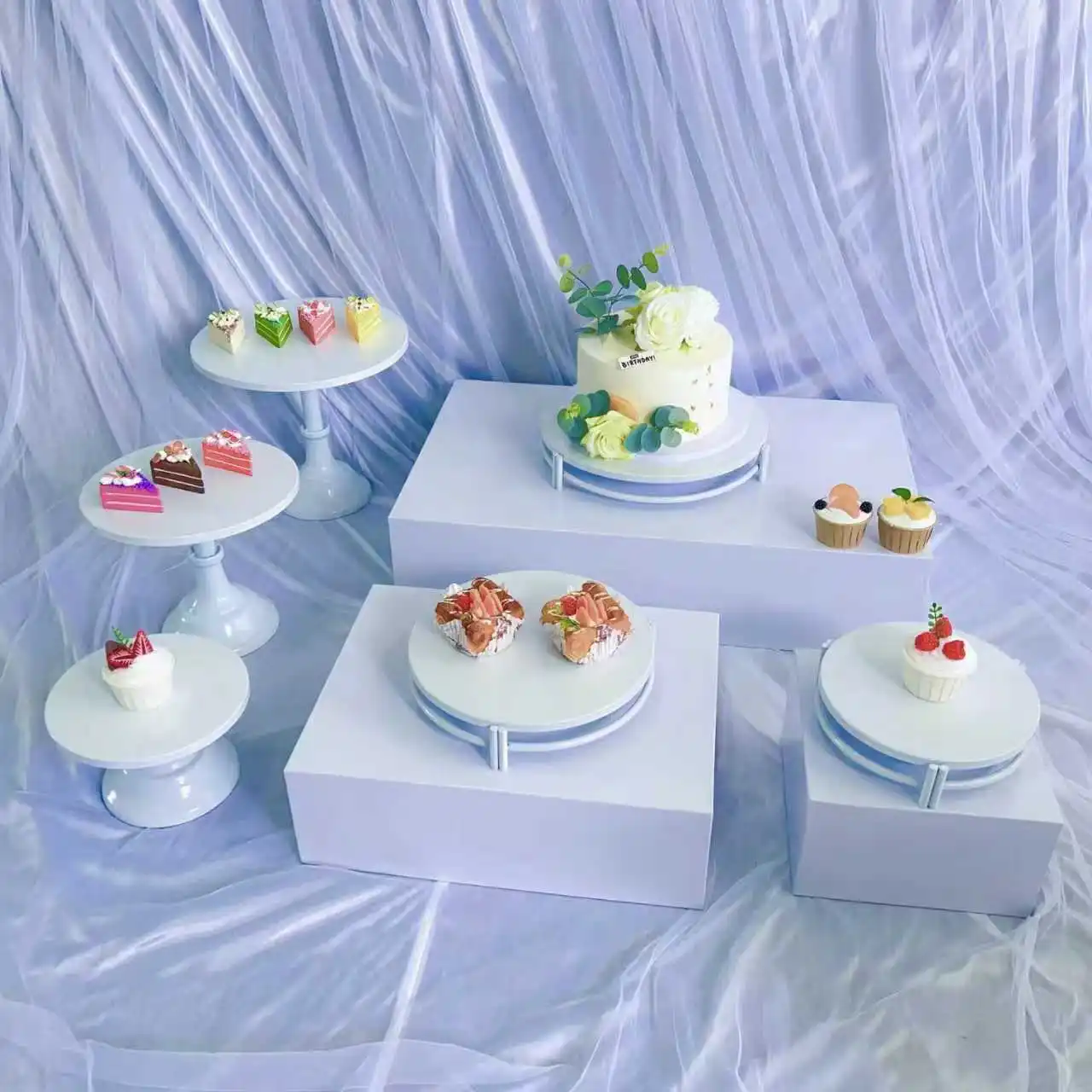 

9pcs Modern White Buffet Riser Metal Multi Piece Luxury Cake Dessert Holder for Wedding Birthday Party Home Hotel Decoration