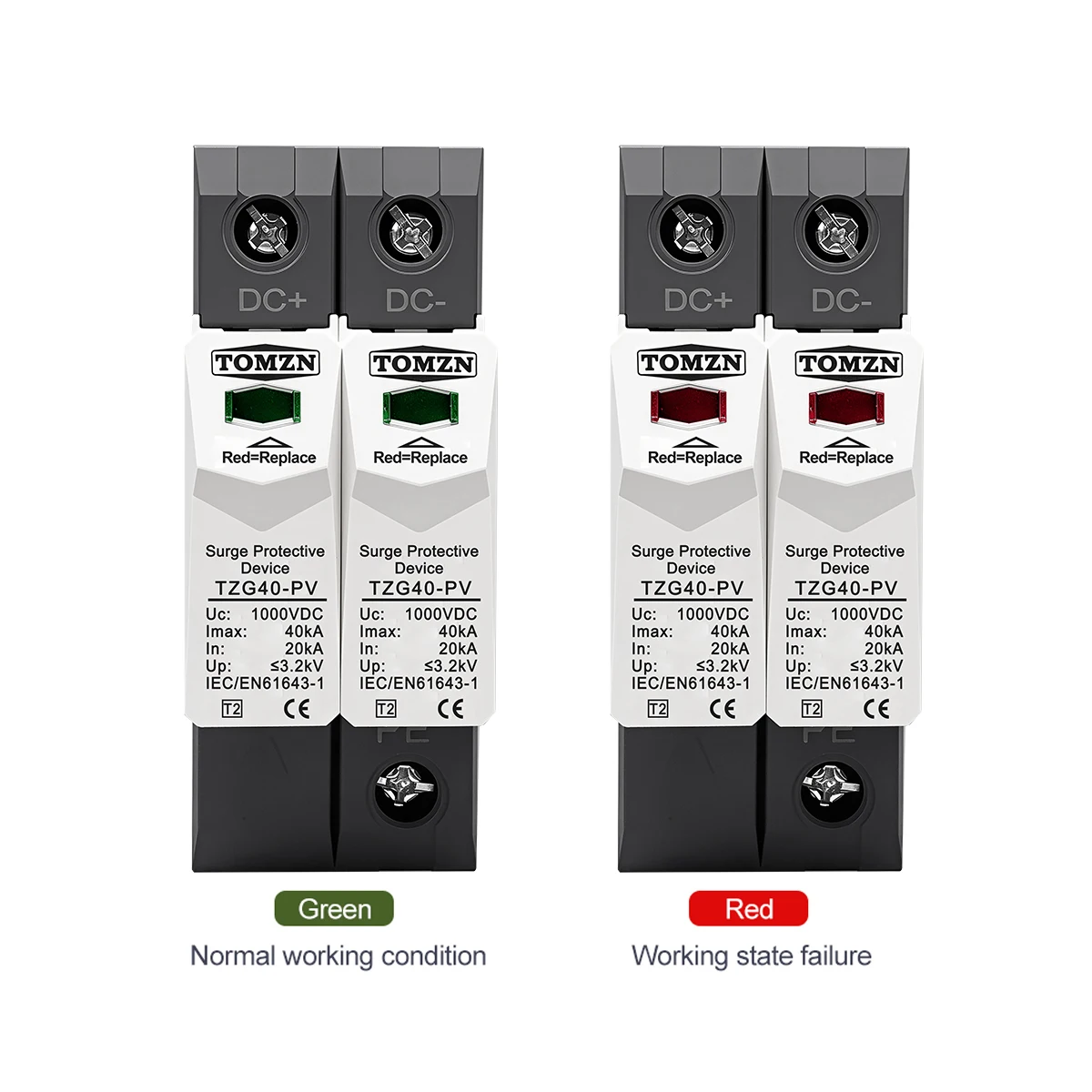 TOMZN DC SPD 2P 500V 600V 800V 1000V 20-40KA Din Rail Solar Outdoor Power Protection Protective Device Surge Protector Surge