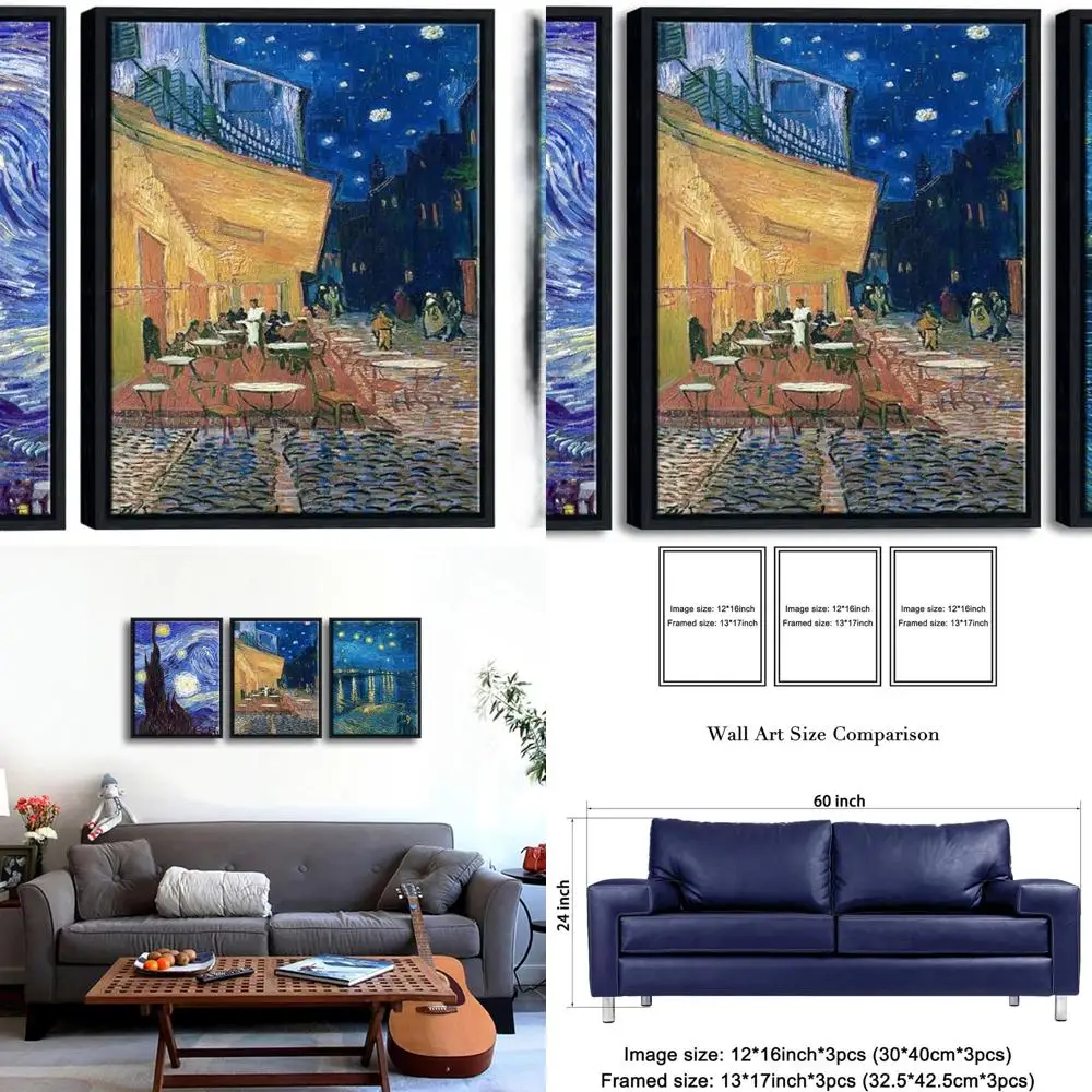 

Vincent Van Gogh's Starry Night & Cafe Terrace Canvas Art, 3-Panel Wall Decor for Home & Office