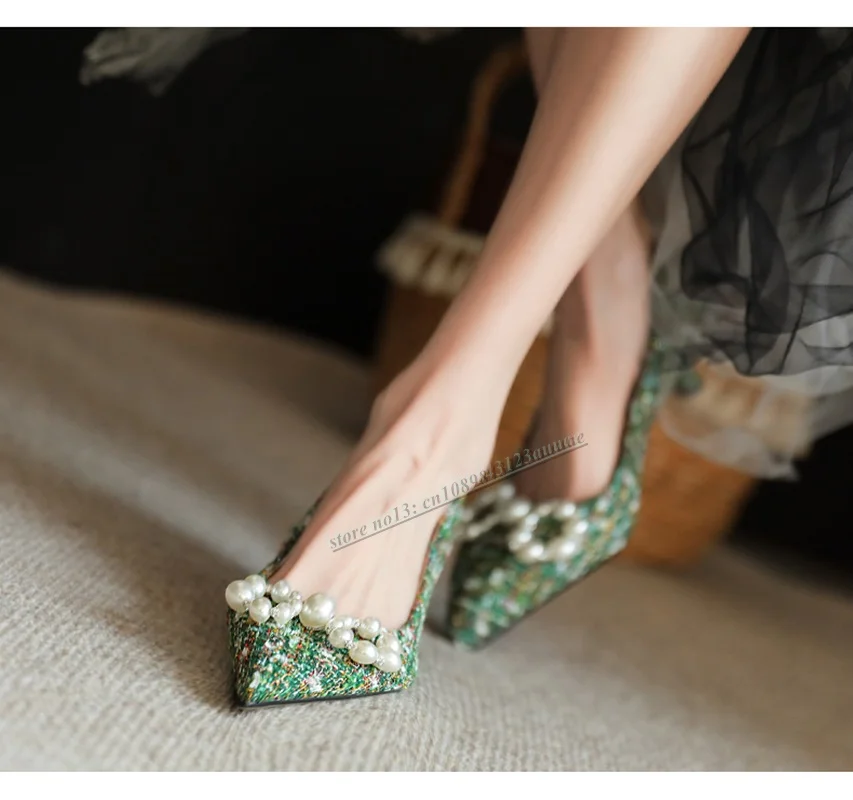 

Fashion Woman Spring Autumn Slim Single Shoes with Beaded Bow Design Fairy Style 5cm Thin High Heels Female Lady Pump Shoes