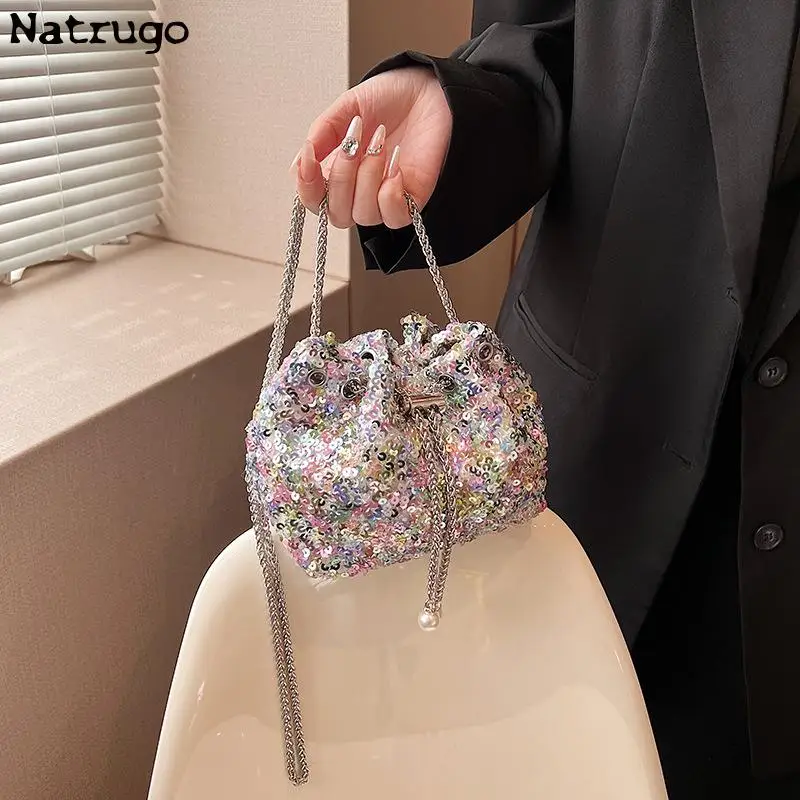 Luxury Banquet Sequin Shoulder Bag Fashion Bucket Shiny Handbags Gold Silver Underarm Chain Crossbody Bags For Women Girl