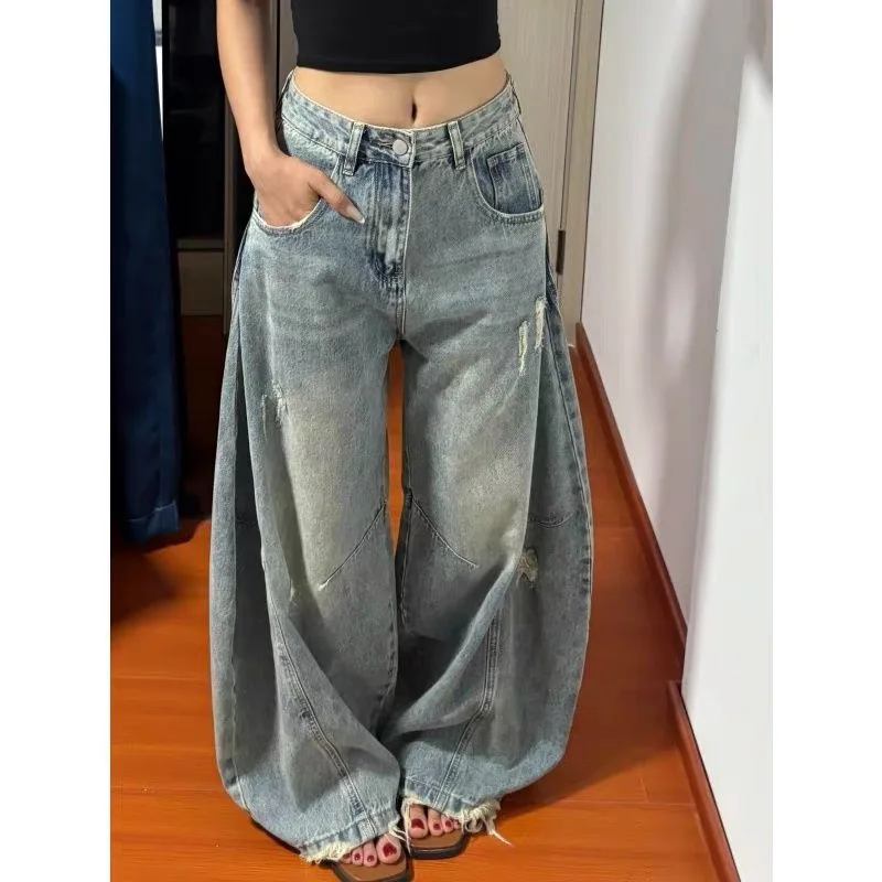 Ripped Wide Leg Denim Jeans Women's American Retro Shape Knife  Summer Trend Vintage Workwear High Waist Zipper Closure