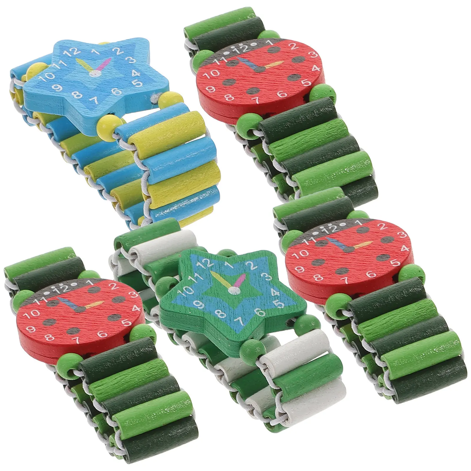 5Pcs Colorful Wooden Cartoon Wristbands Educational Time Cognitive Watch Bracelet Gift for Early Learning Fun Play