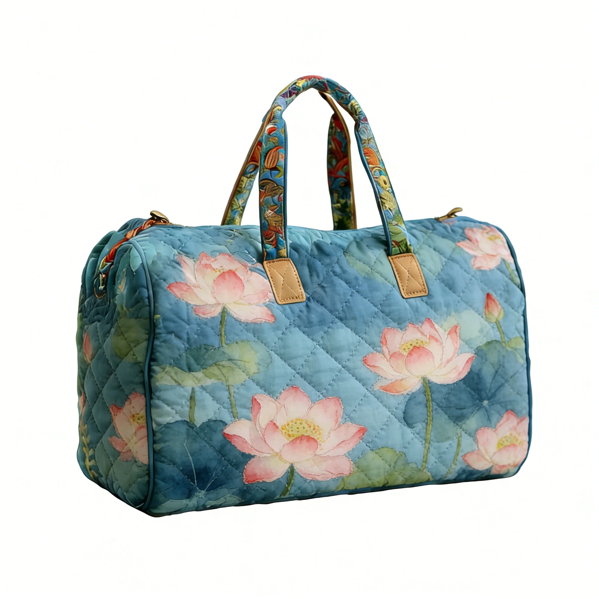 

Retro Lotus Pond Quilted Duffle Bag Cmping Travel Tote Men Women Picnic Unique Handbag Bag