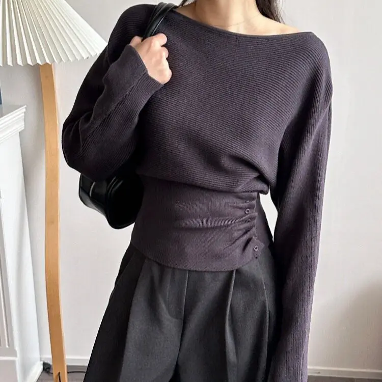 Women's Apricot Pullover Knitwear Off Shoulder Long Sleeve Knitted Sweater Y2k Gyaru Vintage Elegant Knit Top for Women Autumn