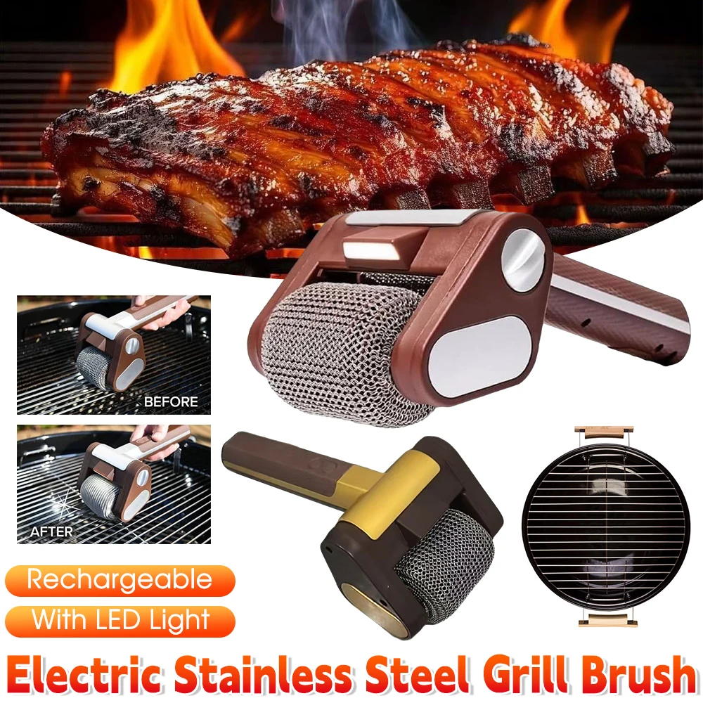 

Brushless Rotarys Grill Brush with LED Light Rechargeable 304 Stainless Steel Roller Brushless Clear Burnt Food Grill Brush