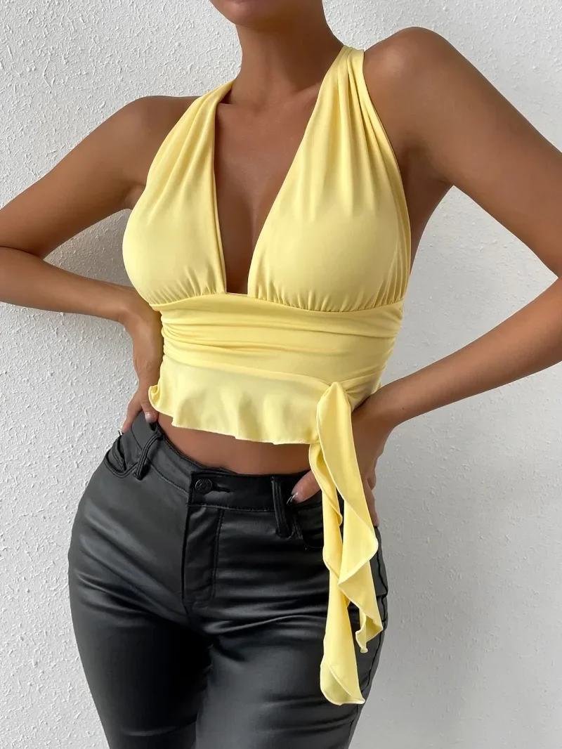2024 Sexy Suspender Backless Tight Fitting Short Top for Women's Sleeveless Off Shoulder Pleated Party Nightclub Short Top YSQ22
