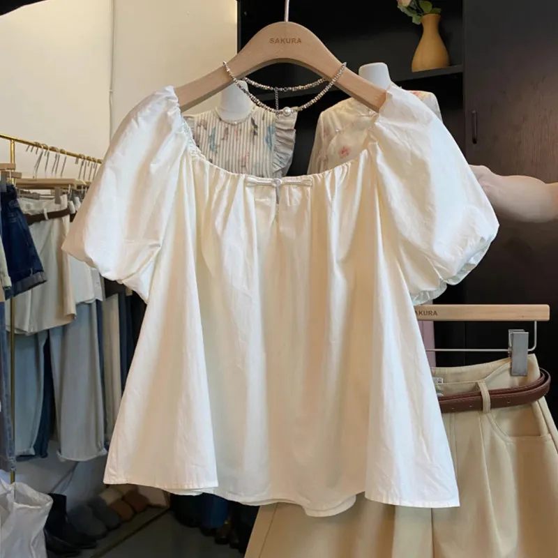 

2026 New Korean Style Sweet Blue Doll Shirt Women's Bubble Sleeve Blouse Knot Tied Waistline Button up Top