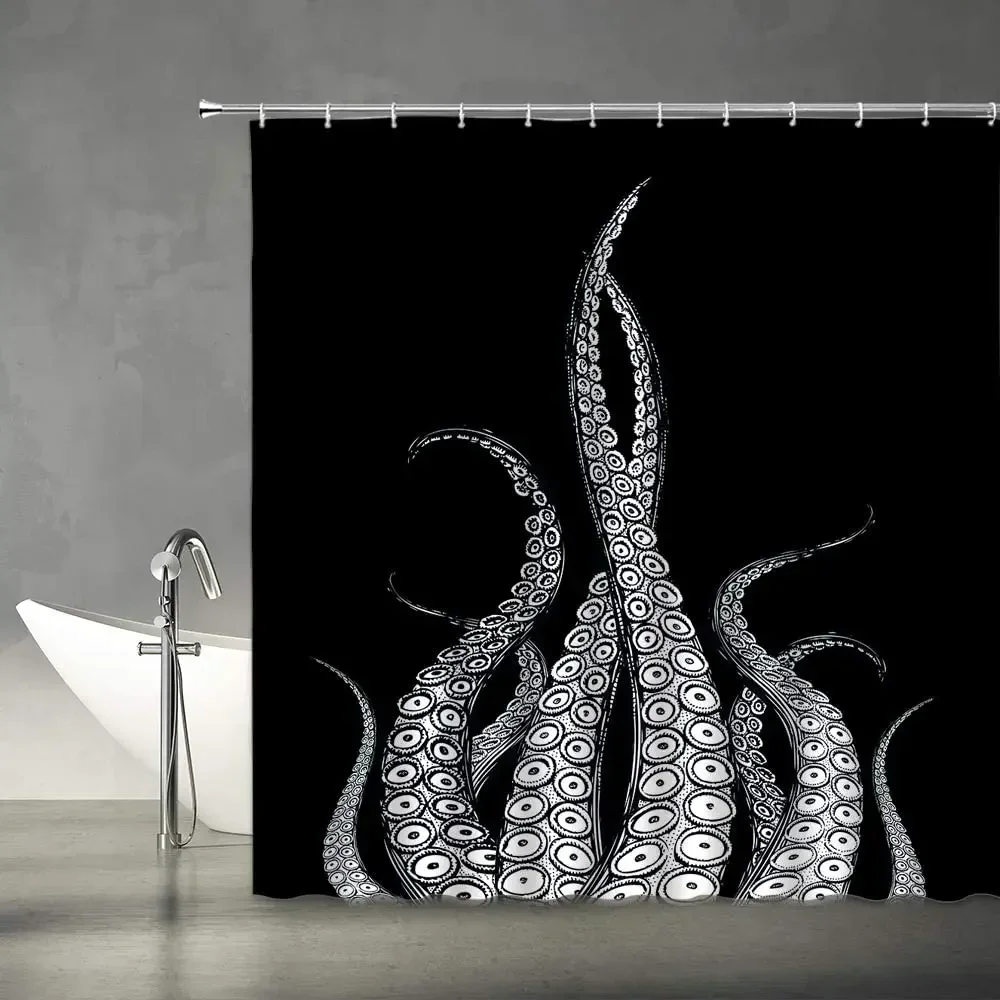 Octopus Shower Curtain Black White Octopus Tentacles Ocean Kraken Abstract Vintage Creative Modern Home Bathroom Decor Set Hooks