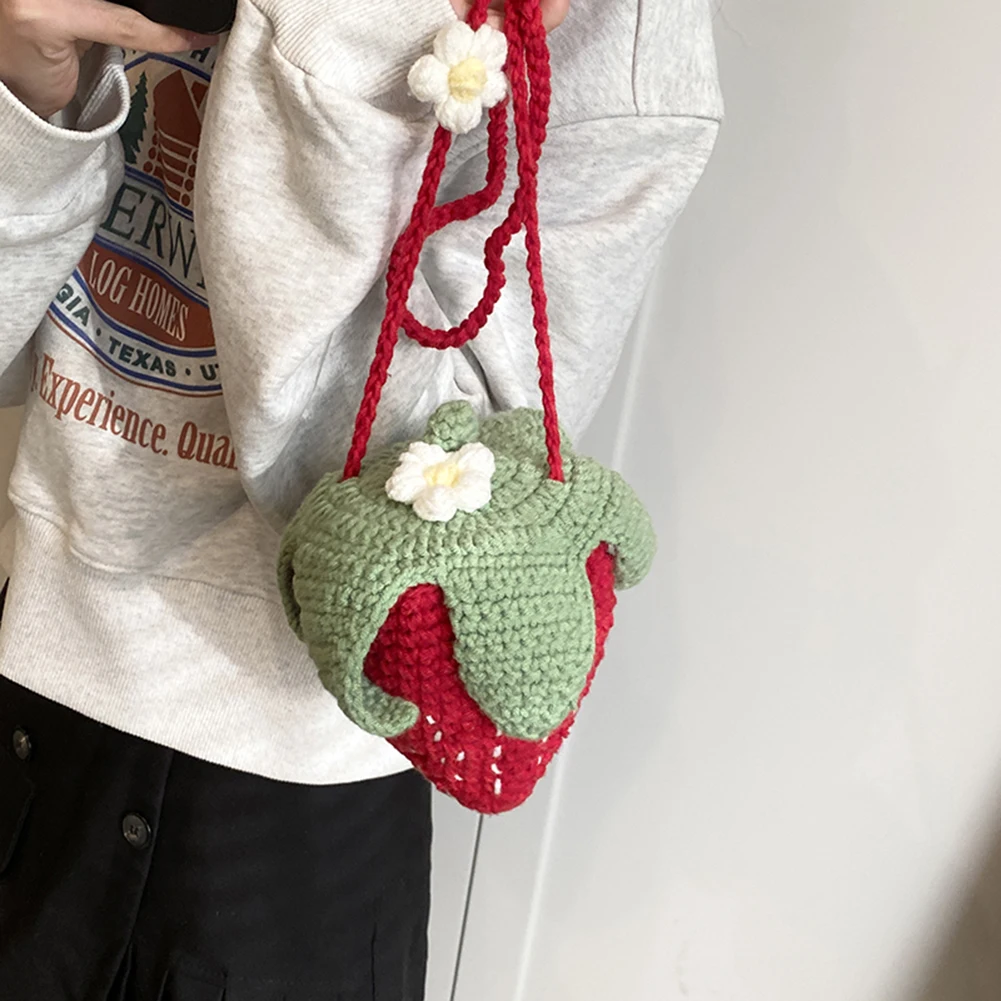 Cute Strawberry Shoulder Bag Handmade Fashion Cotton Rope Strawberry Crochet Tote Bag Knit Sling Purse for Women