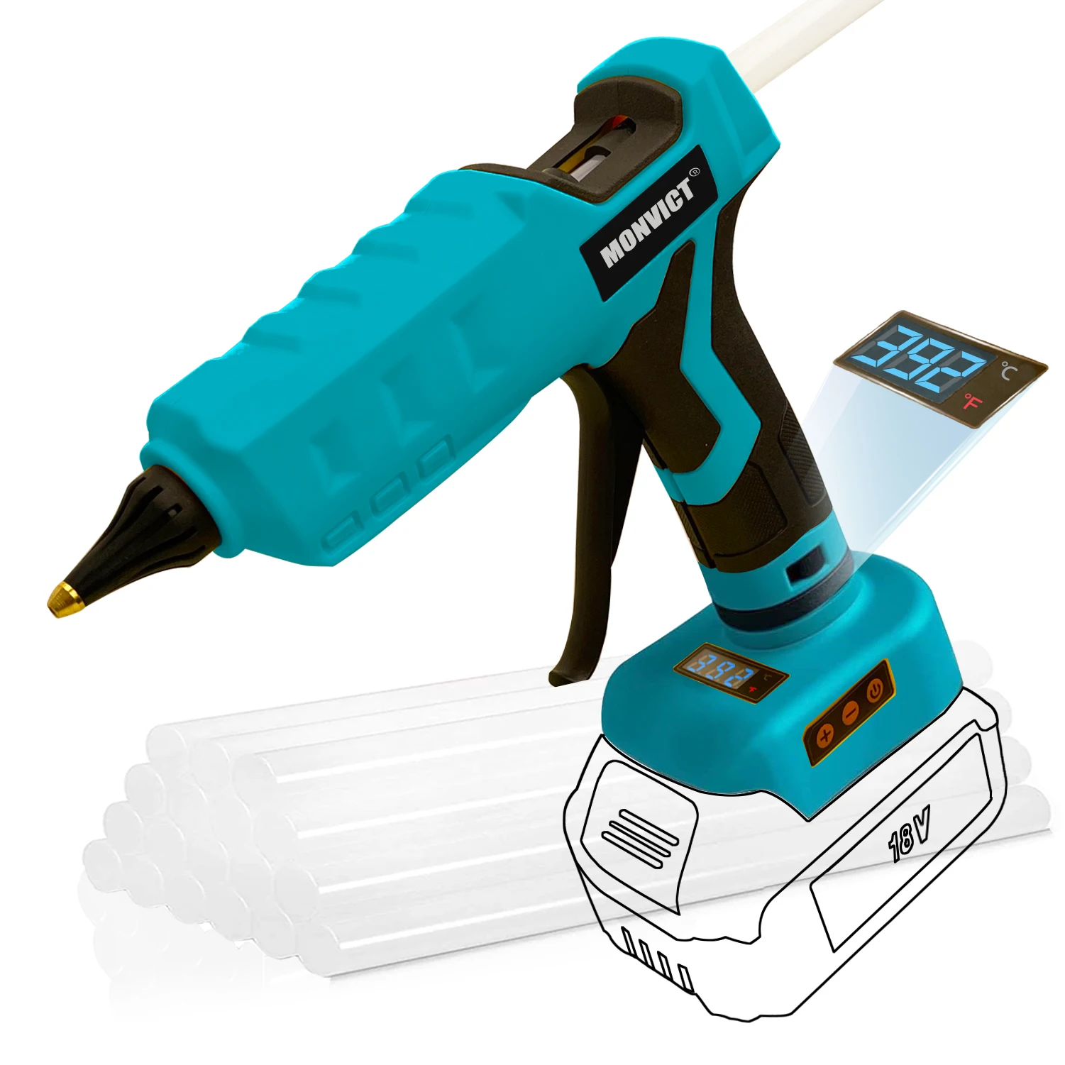 Upgraded 100W Cordless Glue Gun for Makita 20V Battery,  Digital Temperature Adjustable Full Size Heavy Duty with 10 Glue Sticks