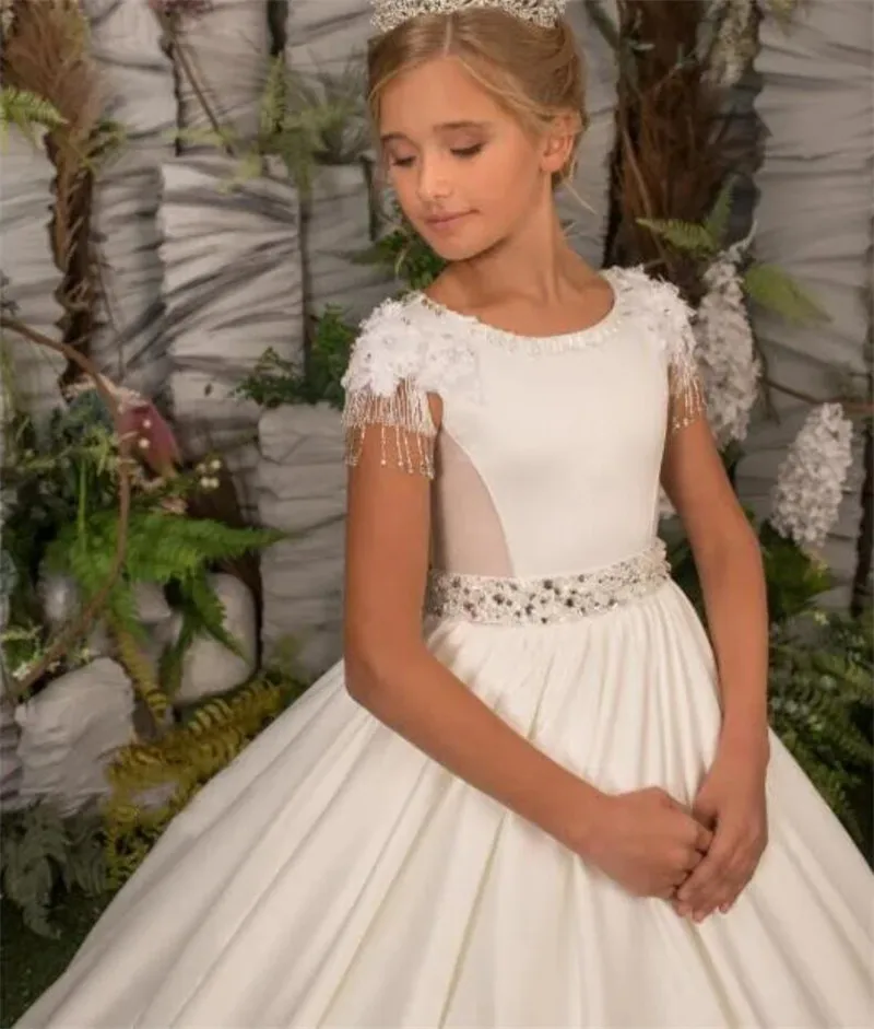 Ivory Stunning Flower Girl Dress Beaded Belt Satin Kids Pageant Gowns Princess Birthday Party First Communion Dress