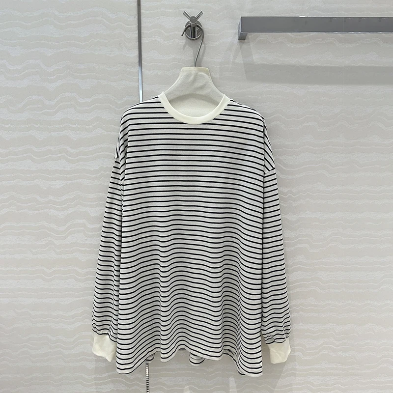 

2024SS Cotton Vintage Striped Casual Top Woman's Long Sleeve Loose Round Neck Black & White Luxury Brand Plus Size Women's Shirt