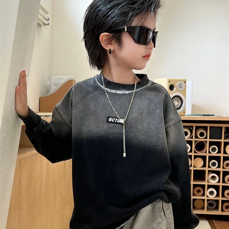 

Футболки для мальчиков и девочек, осень 2023, детский корейский стиль, уличная мода, цветной градиент, ручная подкладка, топ с длинными рукавами