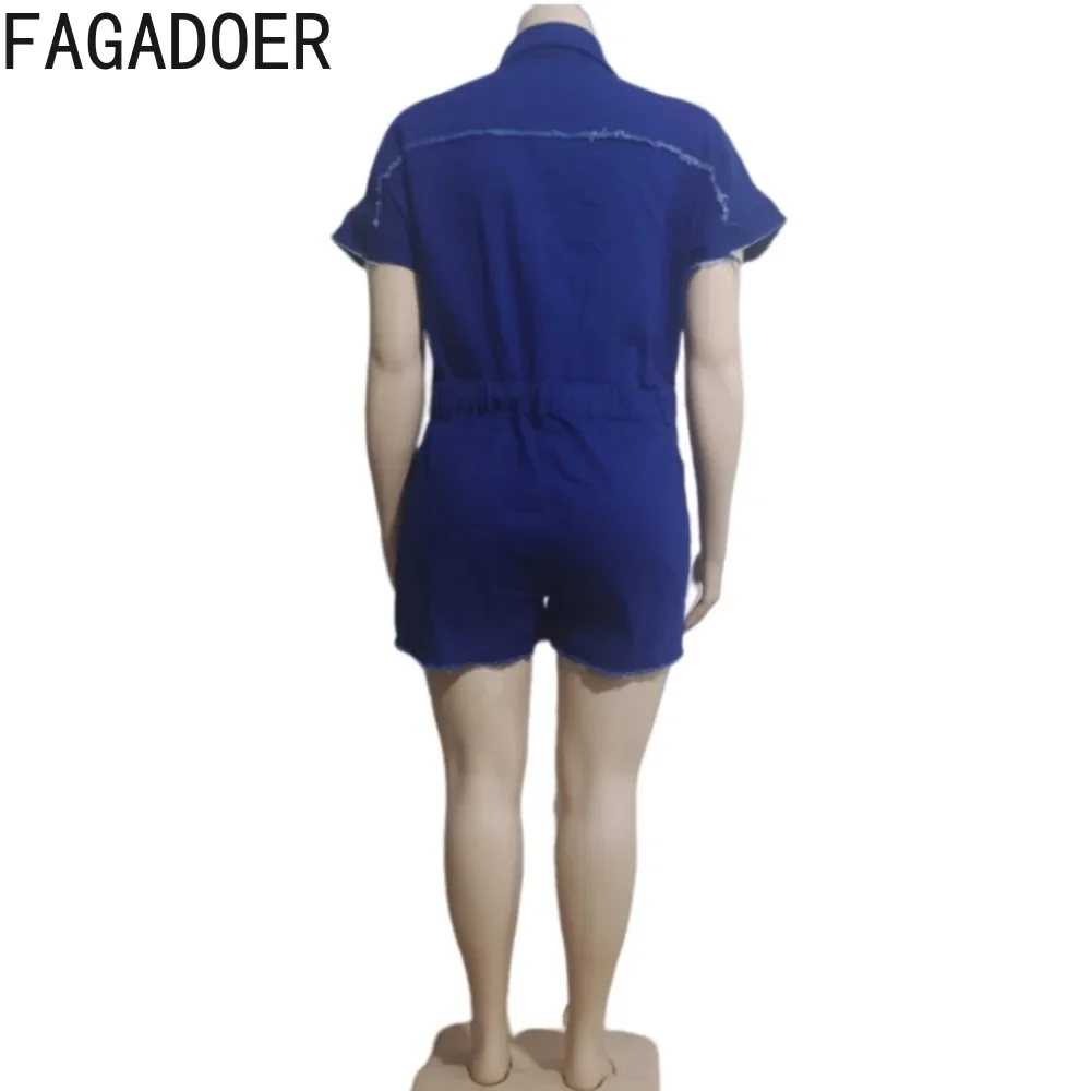 Fagadoer จั๊มสูทผ้ายีนส์เสื้อแขนสั้นรัดรูปกระดุมคอเสื้อลำลองสีน้ำเงินเข้มสำหรับผู้หญิง