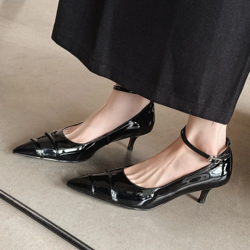 

MKKHOU модные туфли-лодочки, новые высококачественные женские туфли из натуральной кожи с острым носком и пряжкой на щиколотке, пригородная женская обувь на высоком каблуке