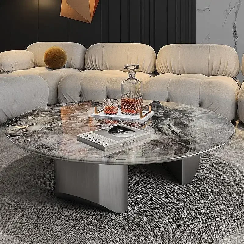 Stone and metal round coffee table for living room family expandable coffee table