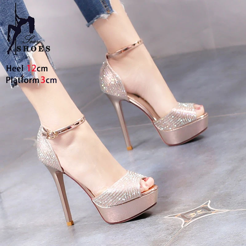 Shiny Diamond Women Peep Toe Sandals Gold Platform Summer 12CM Wedding Dress High Heels 2024 New Luxury Rhinestone Party Shoes