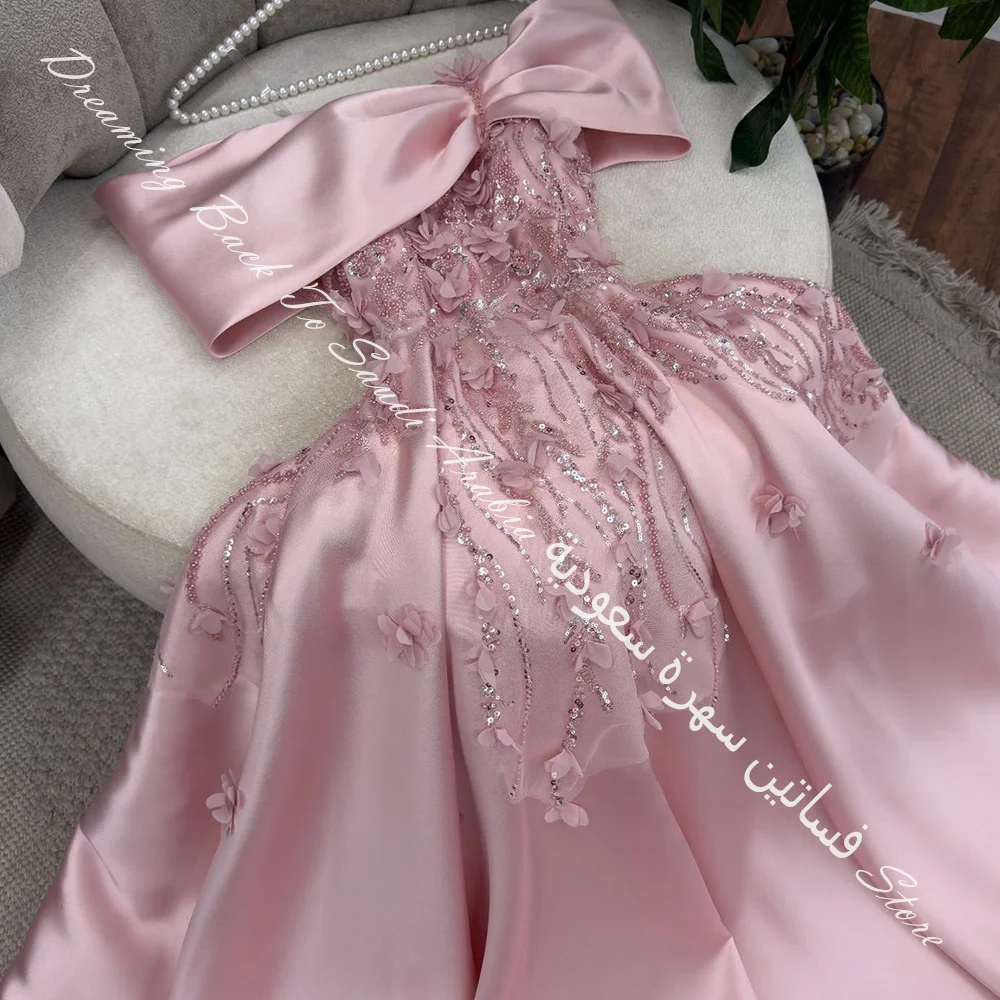 Customized Pink Satin Appliques Lace Beading Sequined Evening Dress A-Line Off the Shoulder with Sleeveless Homecomin