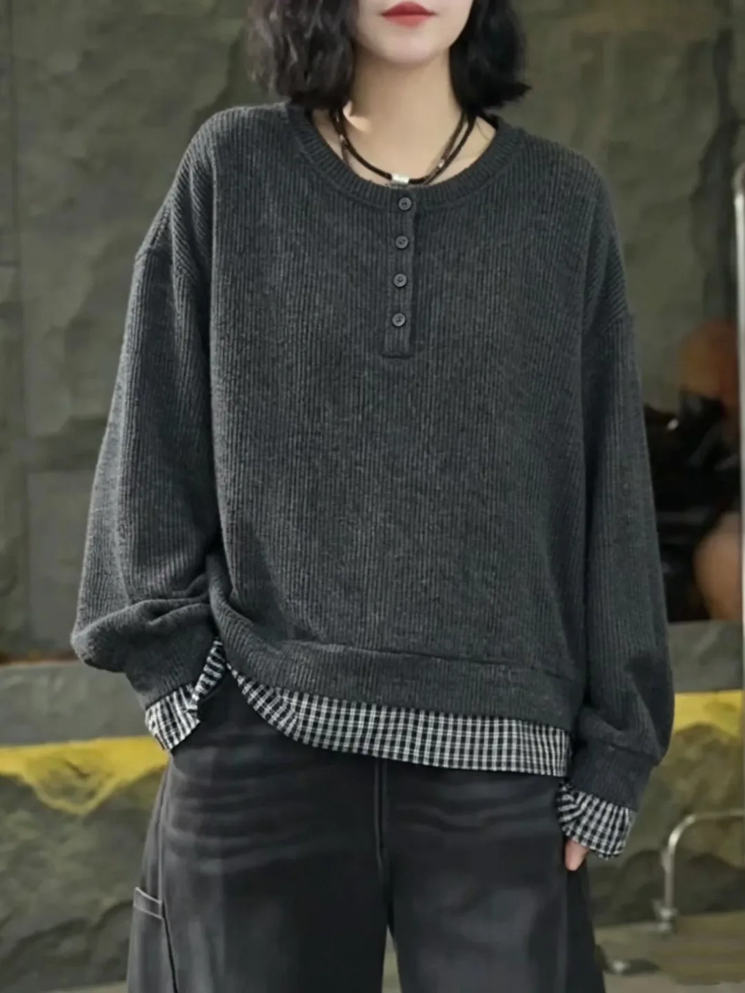 Loose Casual Patchwork Plaid Slimming Versatile Autumn 2026 Women's Large Size Sweatshirt Knitted Top Ensemble Fake Two-Piece