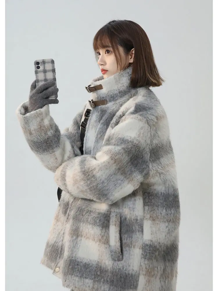 

Thiened ort Plaid Woolen Men's Jaet Autumn Winter Warm Cotton Coat American Retro Couple Turn-down Collar Coat