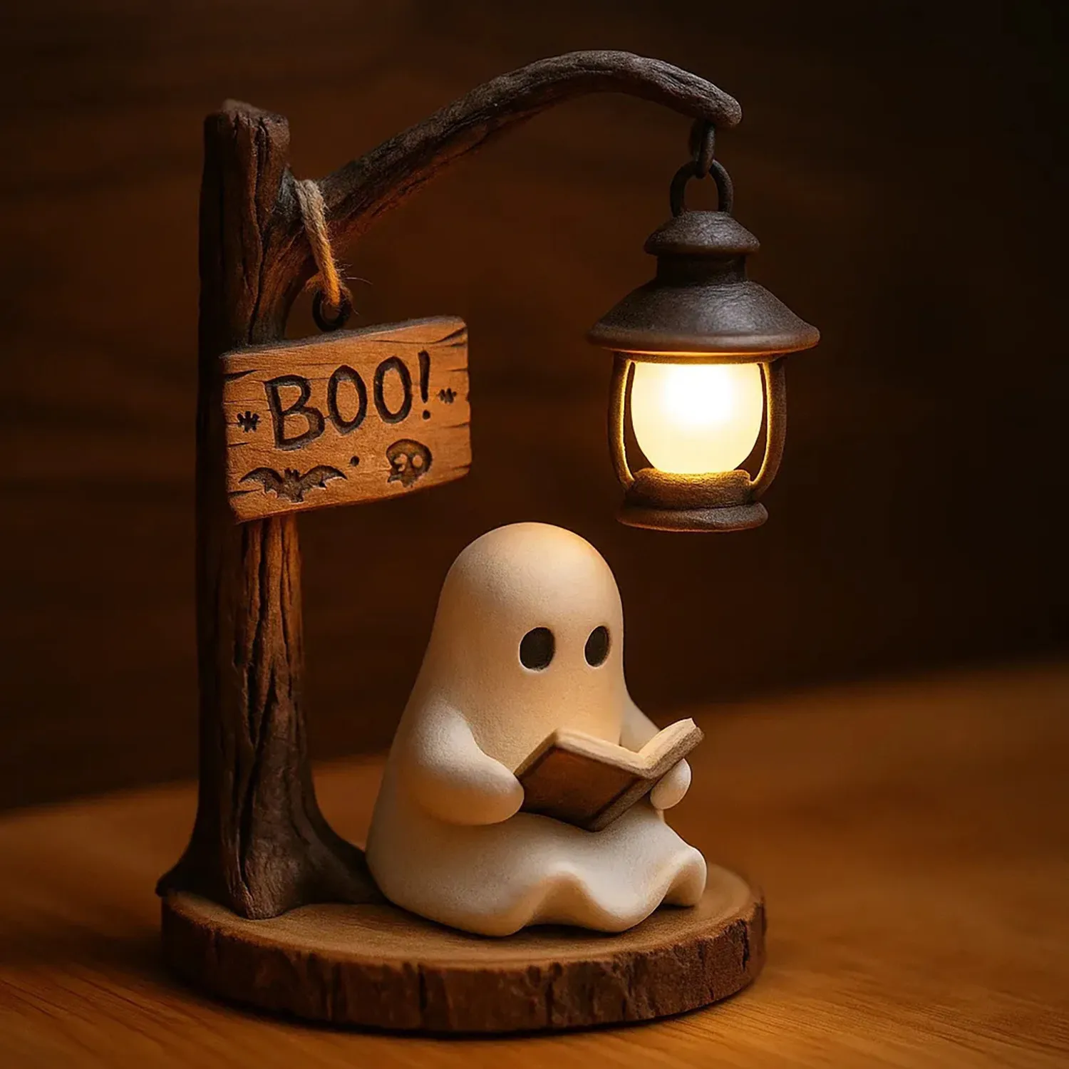 Halloween Ghost Reading LED Night Light Resin Ornament Bedroom Desk Lamp Decor for Living Room Home Accent