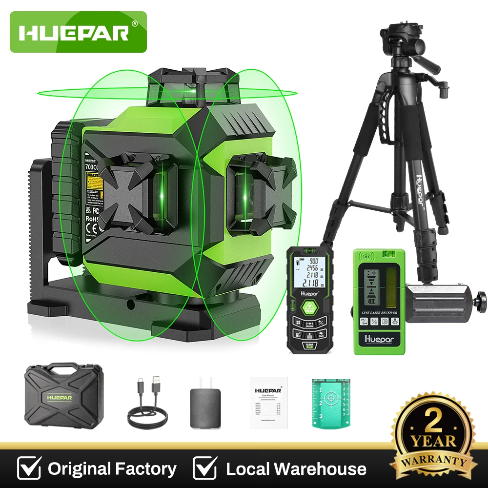 Huepar 703CG Green 12 Lines 3D Laser Level Self-Leveling Cross Line Adjust Bright Alignment Laser Tool with Li-ion Battery