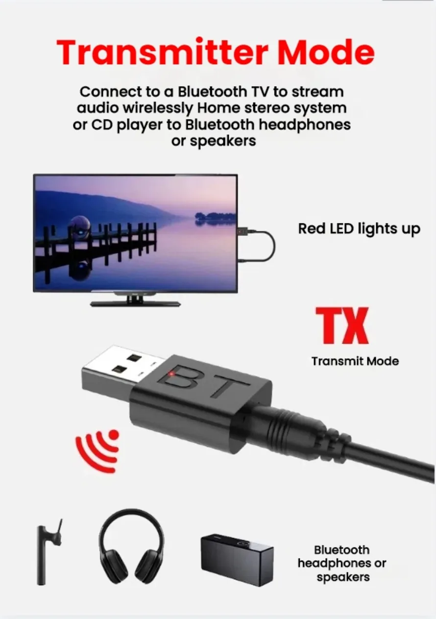 USB Bluetooth Adapter 2 in 1 Bluetooth 5.0 Transmitter Receiver With 3.5mm Cable Aux in for PC Laptop TV Car Music Stereo Audio