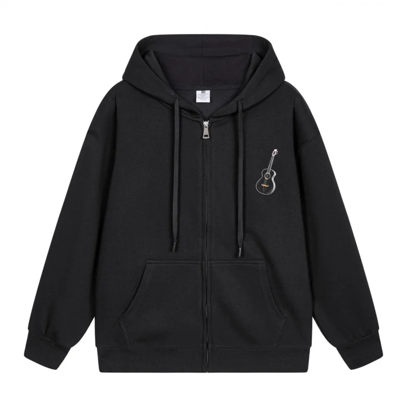 

Men's Zip-Up Hoodie Black Hoodie With Guitar Print 2025 New Style Casual Couples’ Style Casual and Loose
