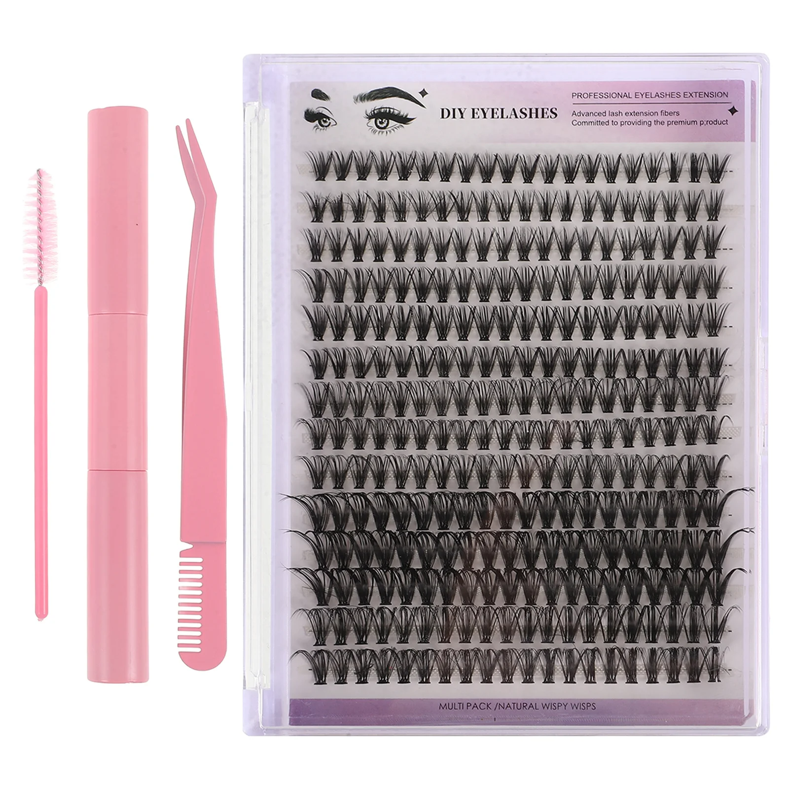 1Sets Cluster Wimpern Extensions Kit DIY Wimpern Verlängerung Werkzeuge Rosa Gebogene Pinzette Wimpern Kleber Entferner Pinsel Individuelle Lash