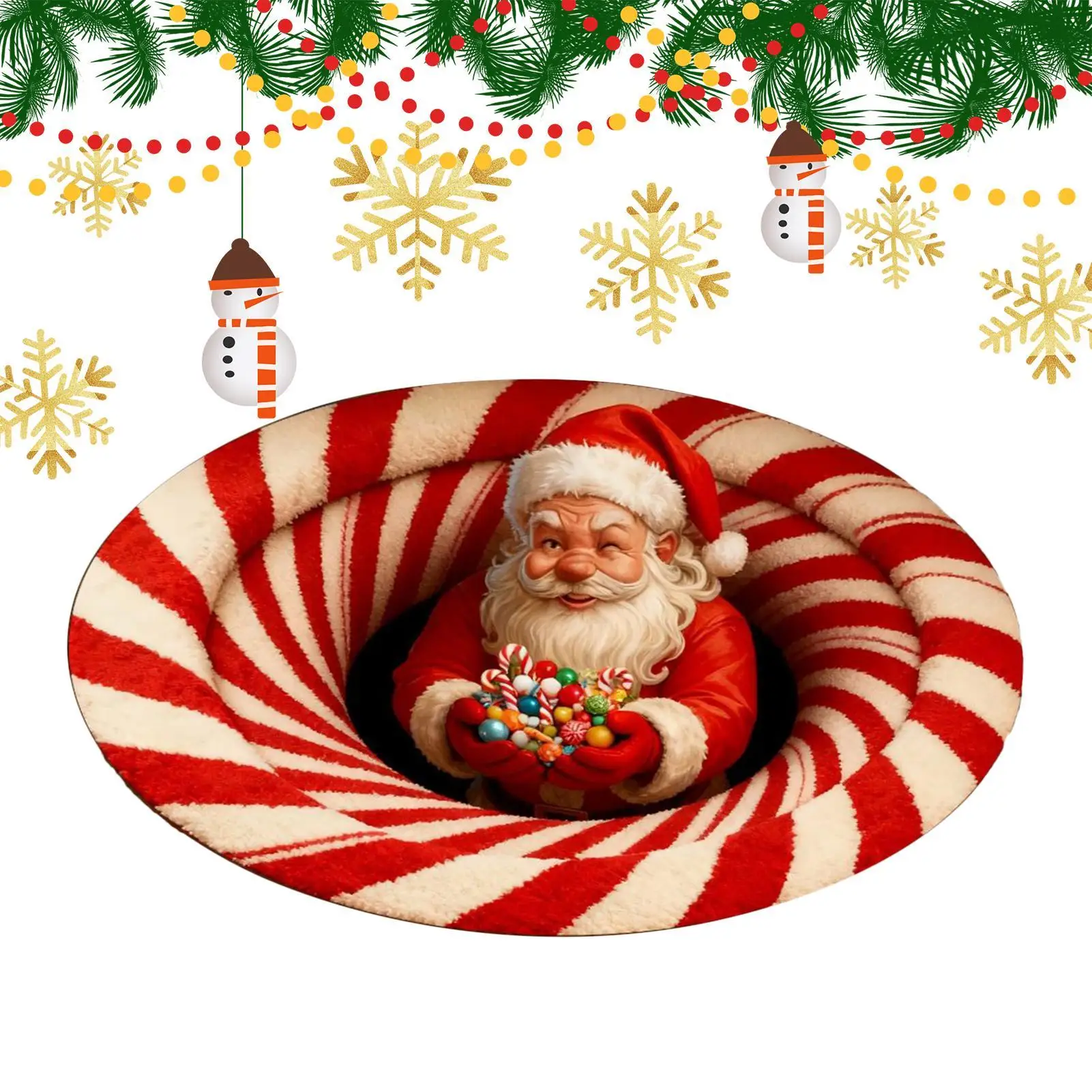 Christmas Area Rug Non-Slip Round 3D Optical Christmas Carpet Holiday Decor for Living Room Entryway Office Dorm Apartment