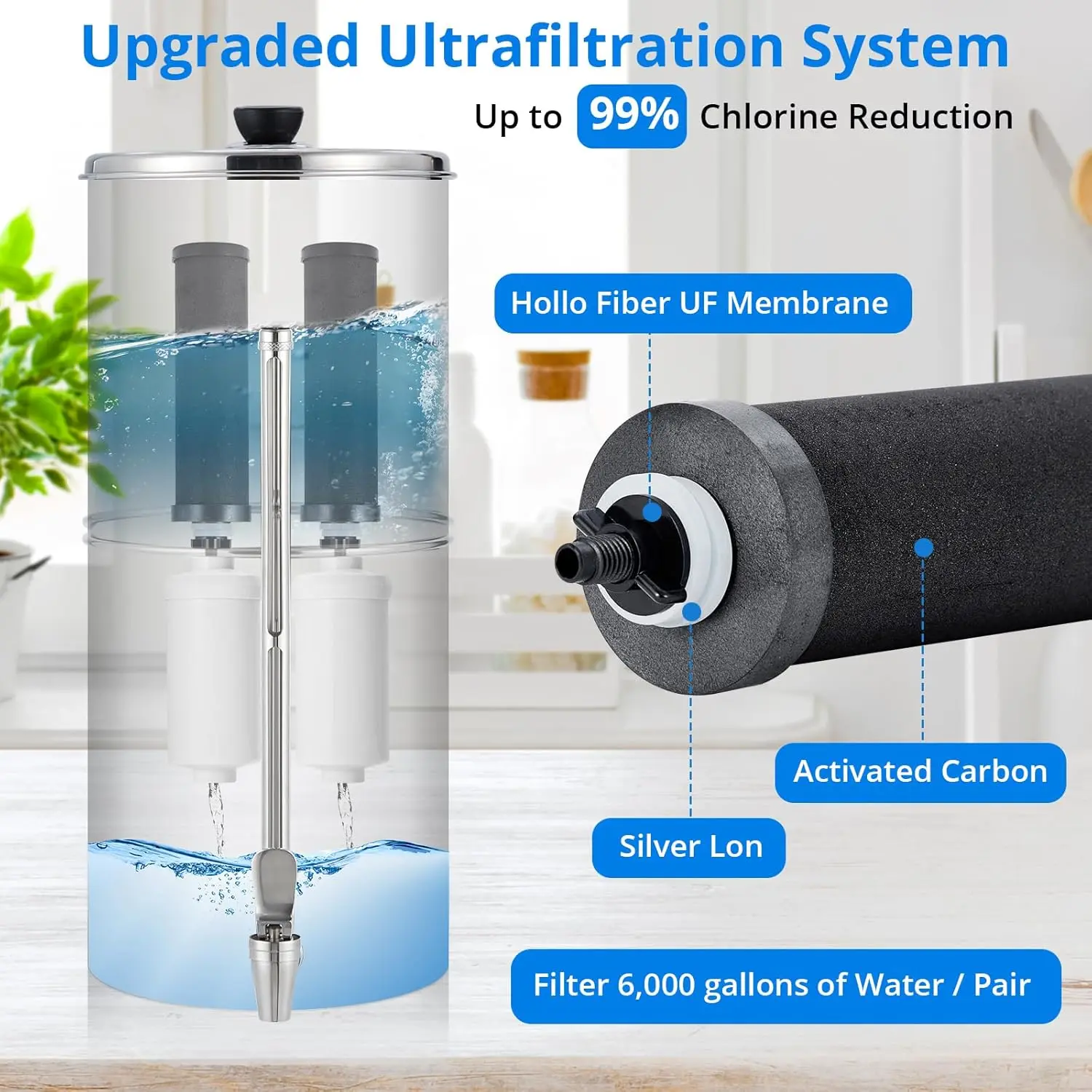 2.25G Stainless-Steel System with 4 Filters, Metal Water Level Spigot and Stand Reduces Lead and Chlorine, Complete System