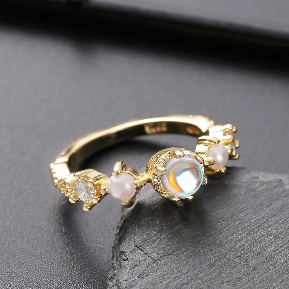 Hot New S925 Sterling Silver Ring Adorned With White Moonstone And Pearl Ladies Gold Plated Engagement Ring For Special Moments
