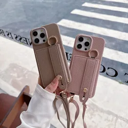 Etui na telefon z paskiem na nadgarstek Crossbody do IPhone 15 14 12 11 Pro Max 13 Mini portfel z uchwytem na karty pierścień skórzany pokrowiec