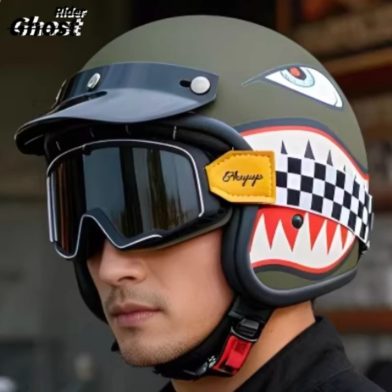 

Motorcycle Helmet 3/4 Retro Helmet Dark Green Retro Semi-open Motorcycle Helmet Cross-country Motorcycle Accessories in Winter