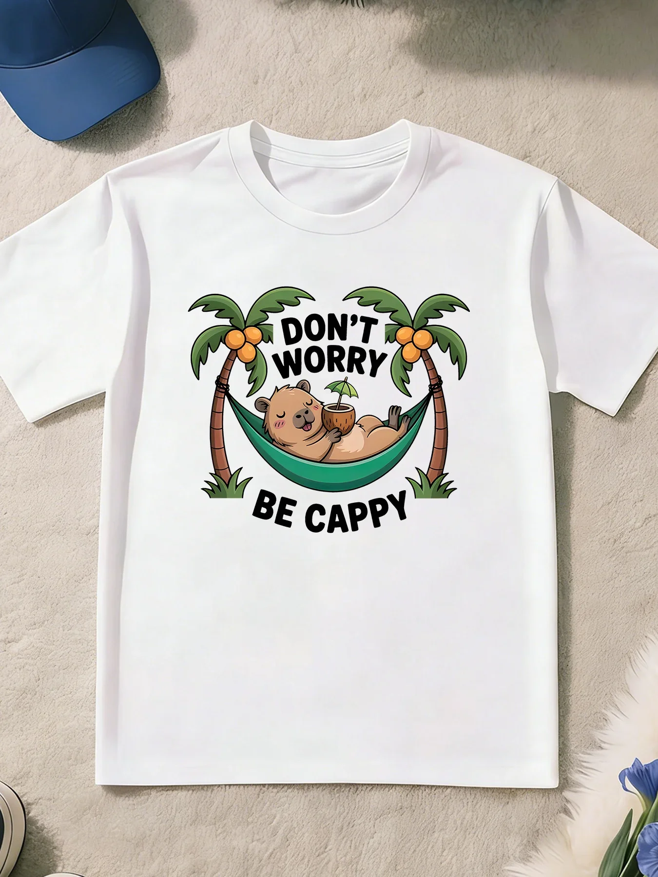 Dont Worry Be Cappy Capybara Hammock Print T Shirt Boys Girls Cute Animal Short Sleeve Tee Family Matching Kids Cotton Tops