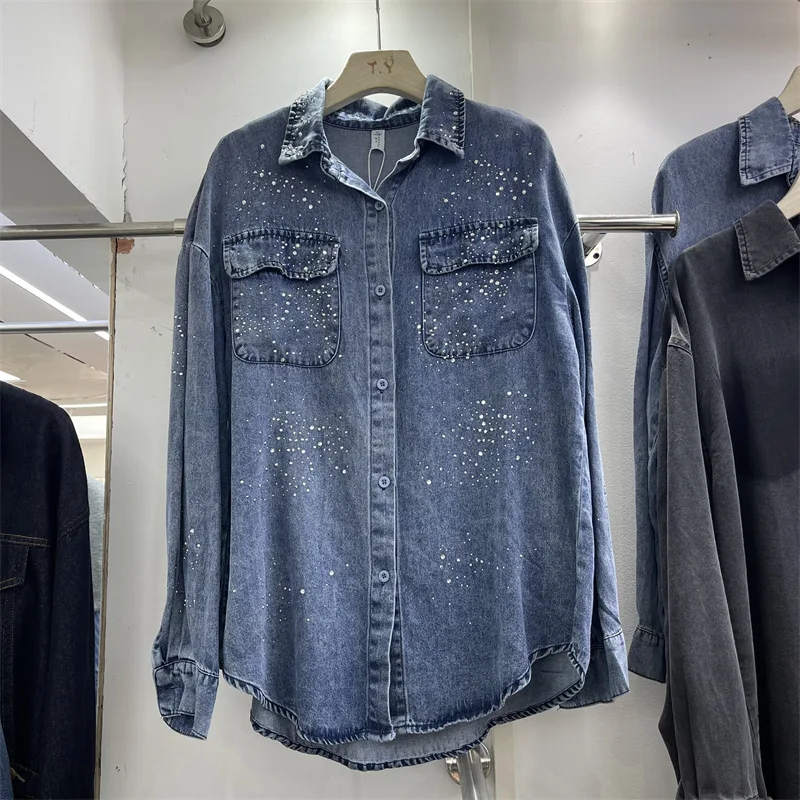 SuperAen European and American Style Embroidered Diamond Cotton Denim Coats for Women Spring New Design Mid-length Loose Shirts