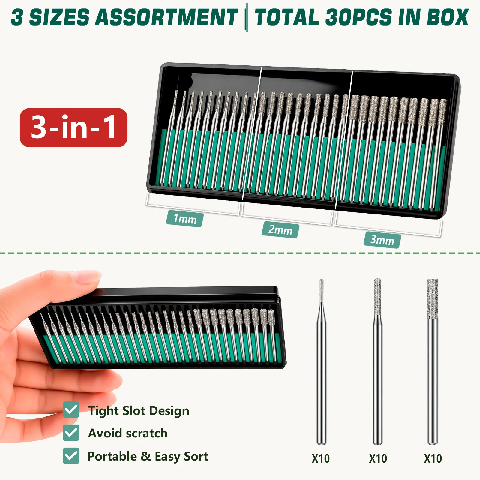 SI FANG 30Pcs Diamond Burs Set 1/2/3mm for Electric Grinder Abrasive Drill Bit Rotary Tool Accessories with Storage Box