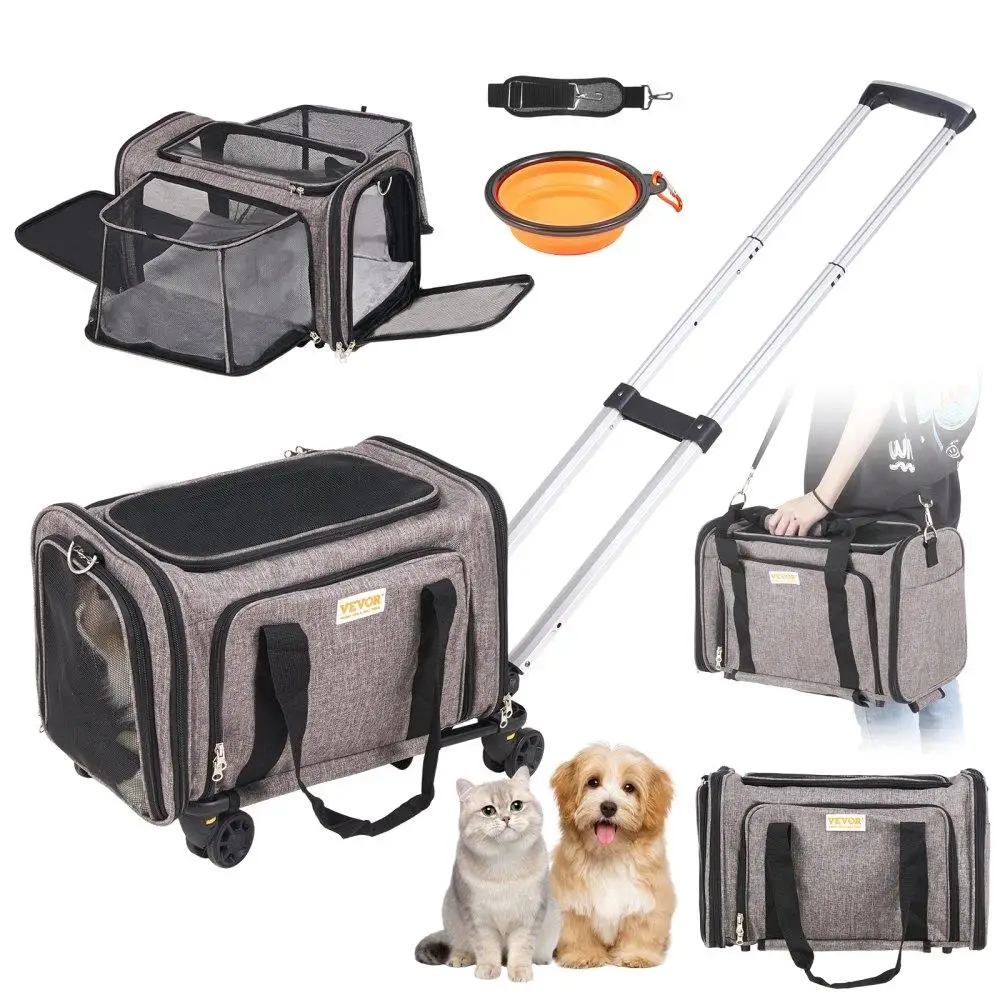 

Cat Carrier with Wheels, Airline Approved Rolling with Telescopic Handle and Shoulder Strap, Dog Carrier with