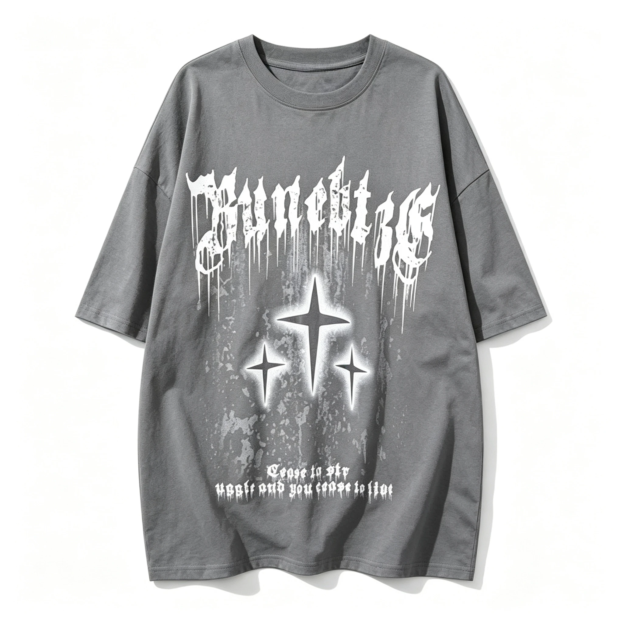 2026 Men Gothic Star Graphic T‑Shirt Drip Font Cross Star Print Black Fashionable and versatile Oversized Short Sleeve Tee